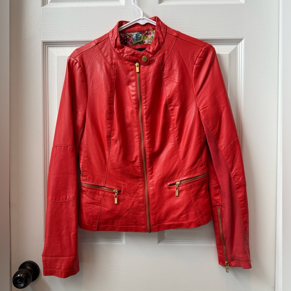Black Rivet Faux Leather Orange Red Jacket